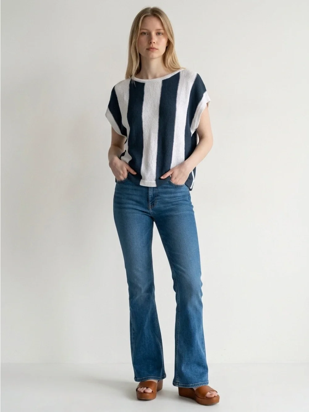 LOFT White Knit Sweater with Navy Accent